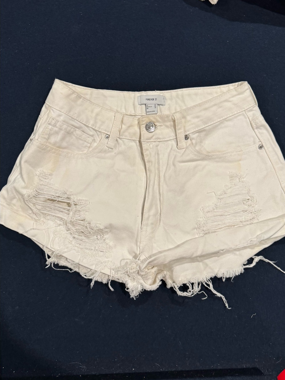 Forever 21 Cream Distressed High-Rise Jean Shorts